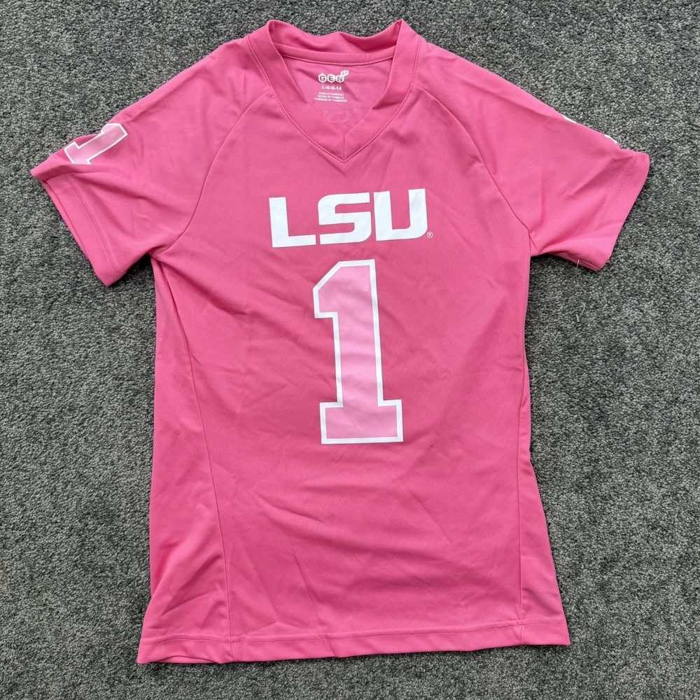 Girls L 14 LSU Tigers Football Jersey Pink Gen2 Short Sleeve Youth Kids #1